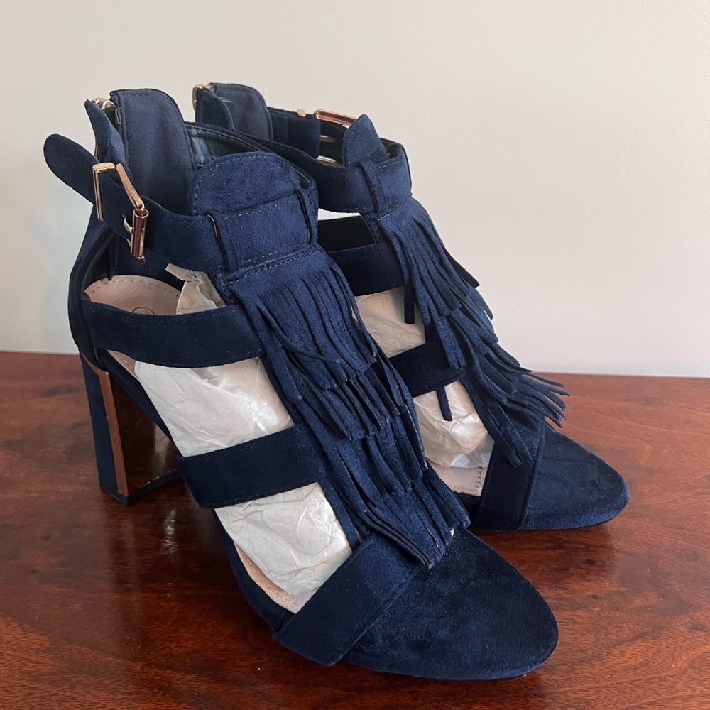 Suede Navy Fringe Heeled Sandals